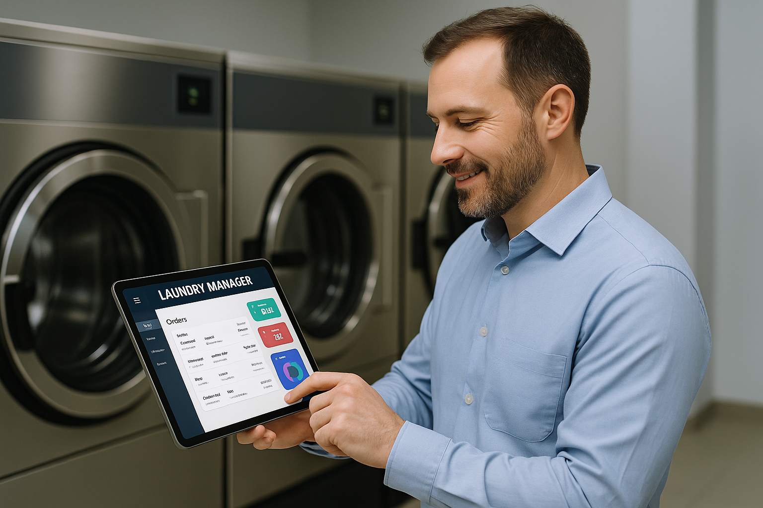 Pengusaha laundry menggunakan aplikasi Laundry Manager untuk mengatur pesanan dan keuangan secara digital.