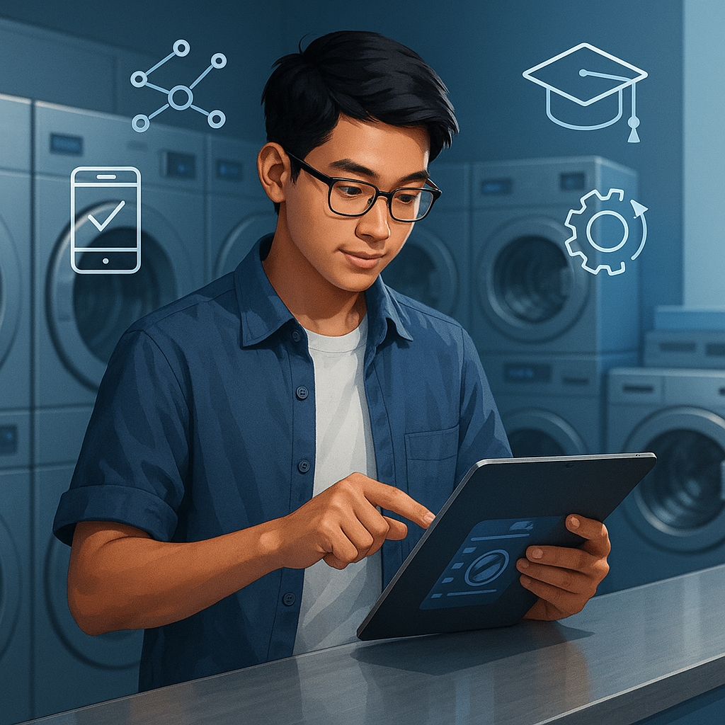 Seorang mahasiswa muda sedang mengelola bisnis laundry digital menggunakan tablet di dalam ruangan modern dengan mesin cuci otomatis dan ikon teknologi yang melayang di sekitarnya.